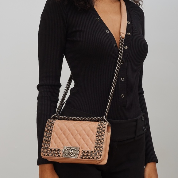 CHANEL LAMBSKIN BEIGE CHAINED BOY BAG SMALL (2015) - Picture 9 of 12